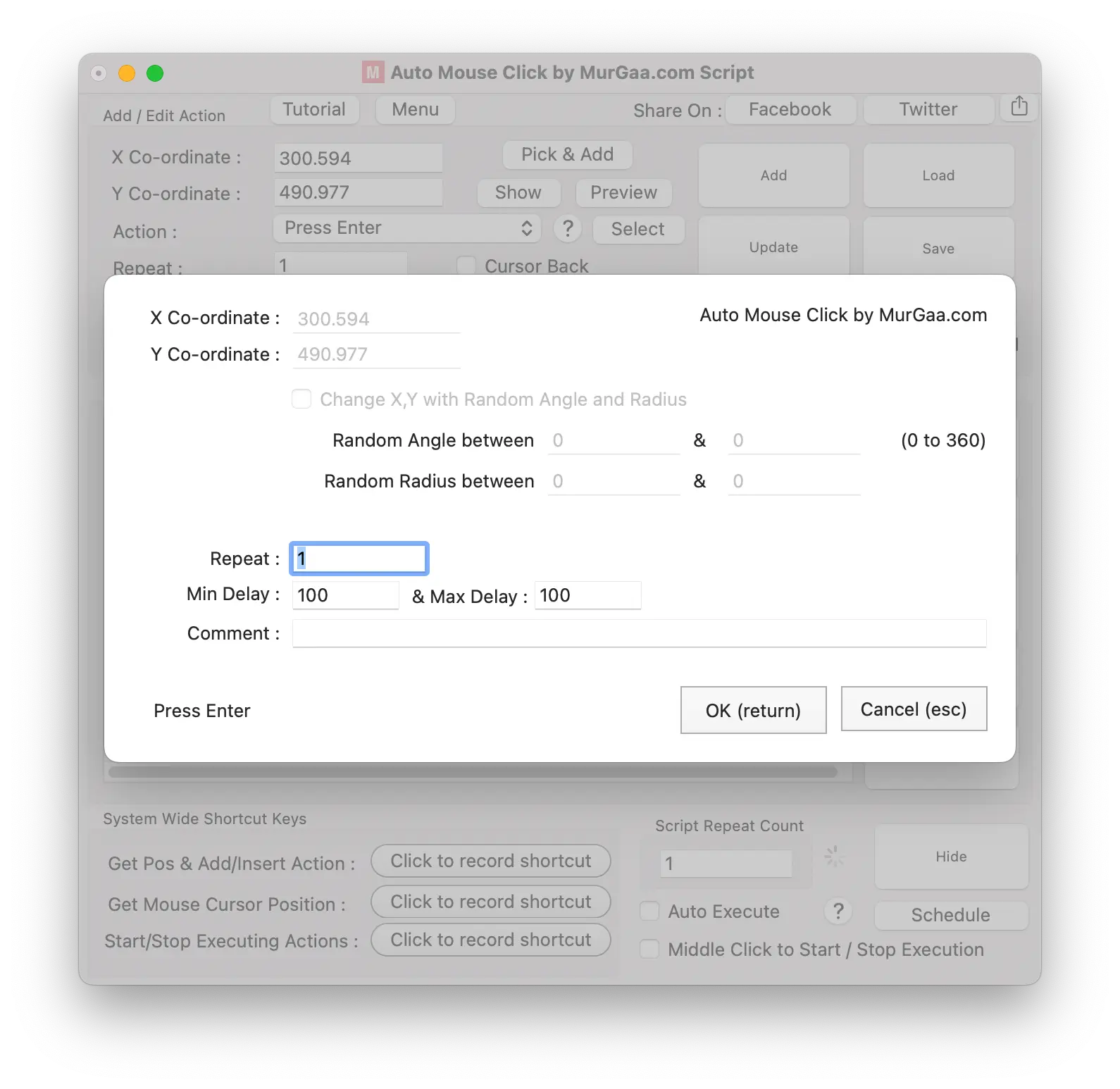 Configurable Time Delay and Repeat Count for Macro Action